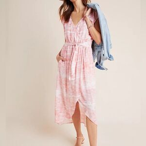 Cloth & Stone Tie Dye Midi Dress w/ Faux Wrap Sash Waist in Pink M Anthropologie